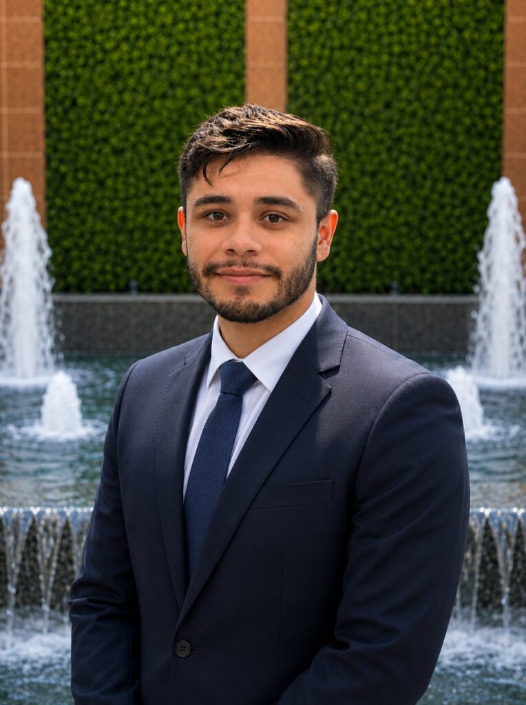 Man in suit by a fountain